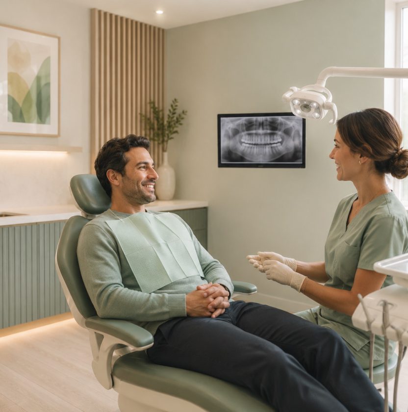 Dentist in consultation with a patient, Guernsey