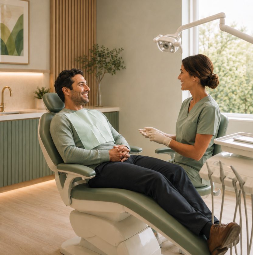 Dentist in consultation with a patient, Guernsey