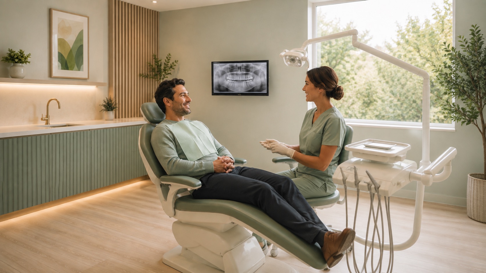 Dentist in consultation with a patient, Guernsey