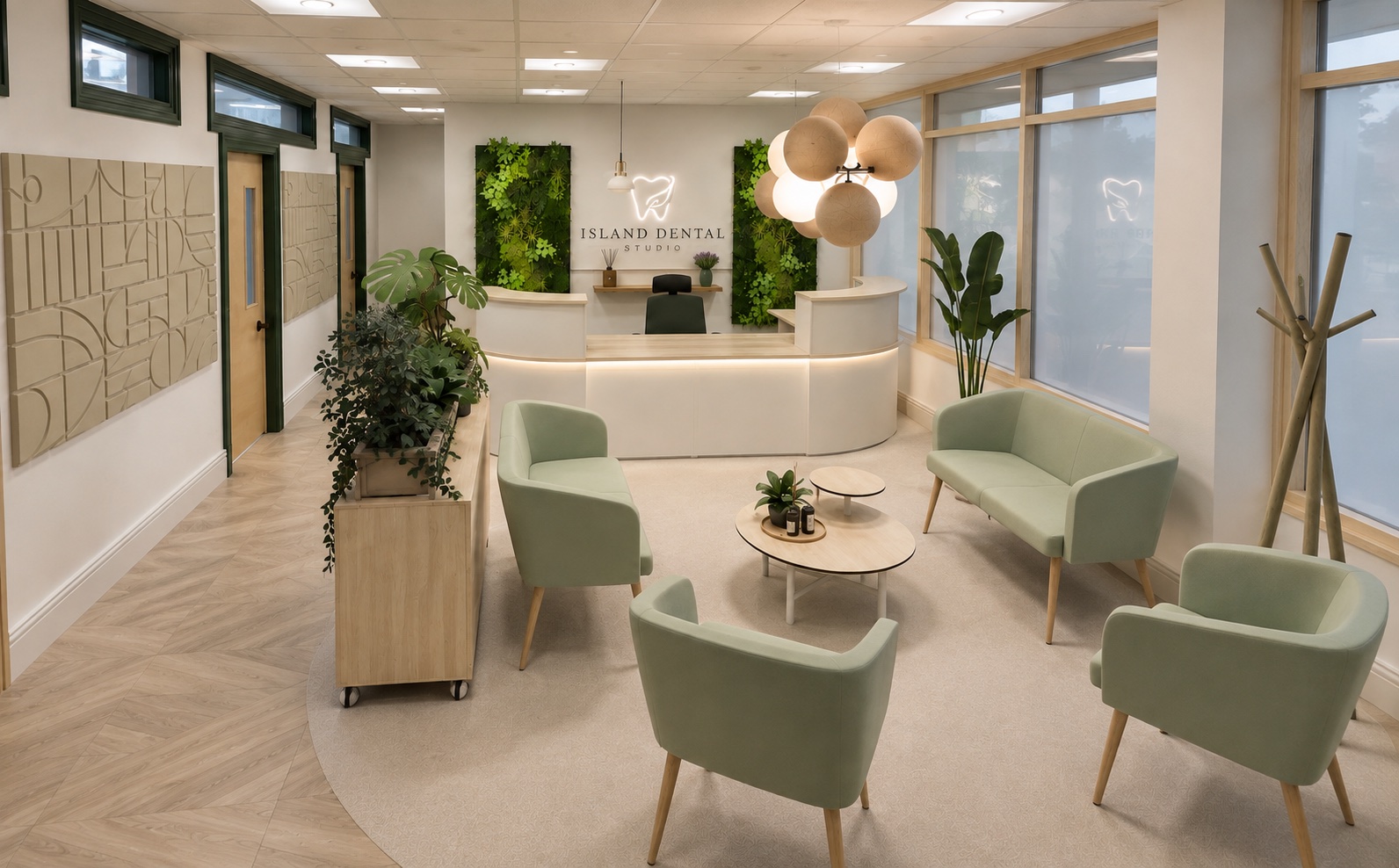 The Island Dental Studio reception and waiting area, with sage armchairs, planting and the illuminated practice logo