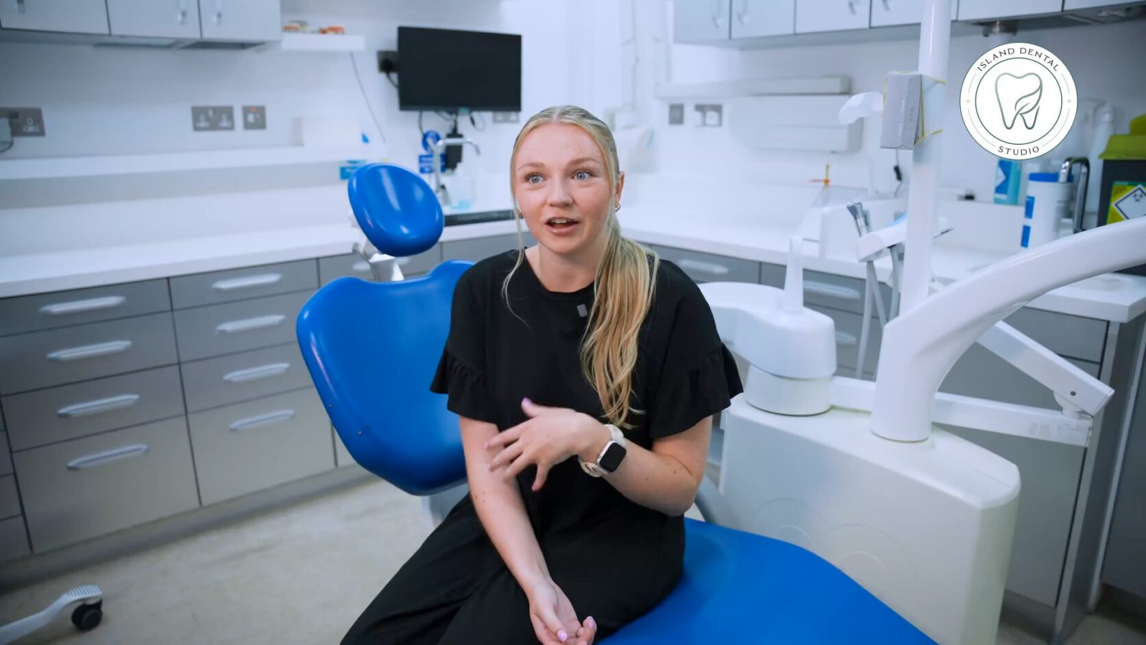 Rhea, a patient at Island Dental Studio, in the treatment room